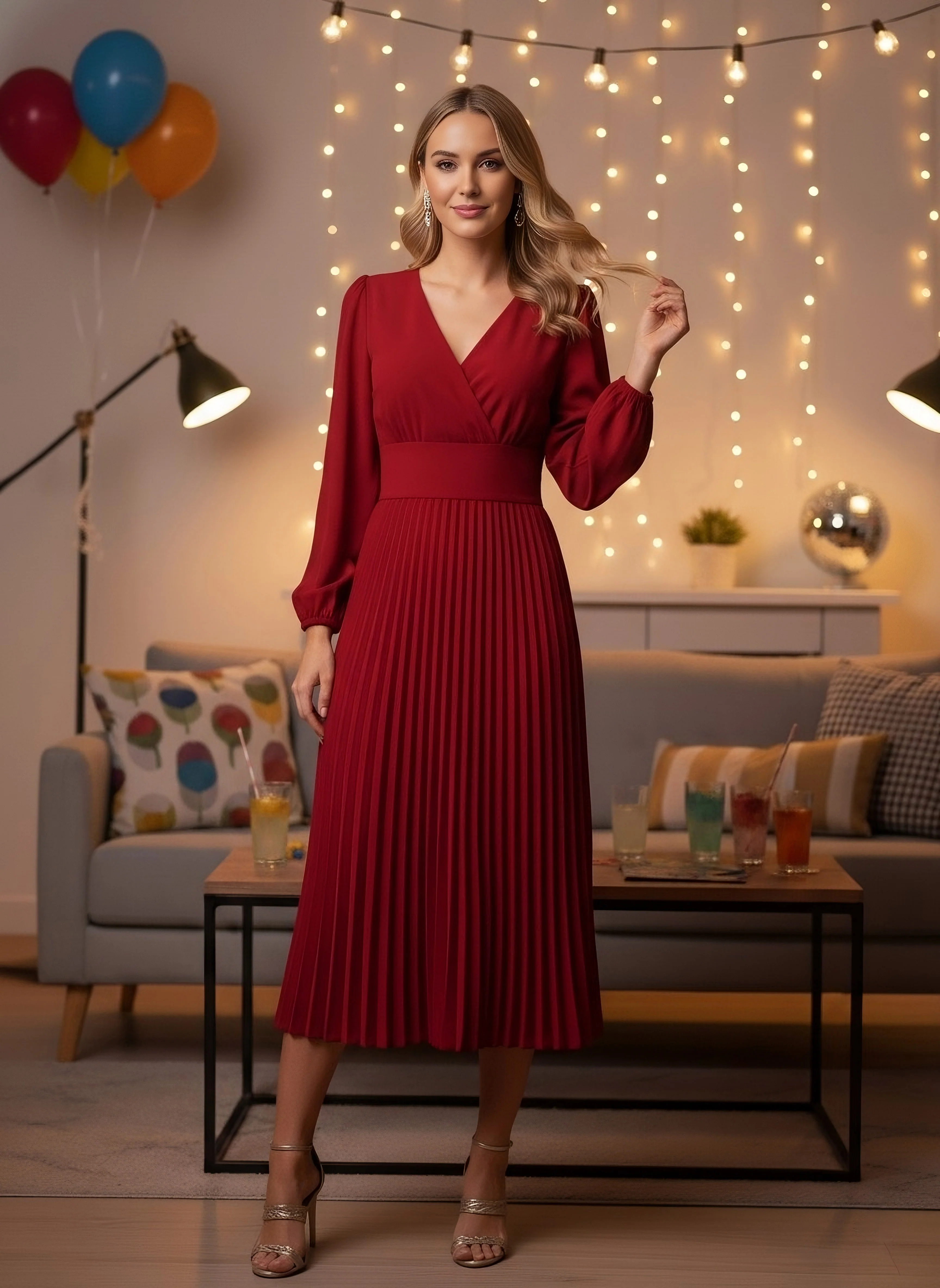 Solid Red V-Neck Puff Sleeves Wrap Pleated A-Line Midi Dress