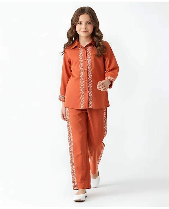Bella Moda Cotton Woven Full Sleeves Floral Embroidered Shirt Styled Top & Pant Set - Green